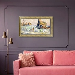 «Moulin Huet Bay, Guernsey, c.1883» в интерьере гостиной с розовым диваном