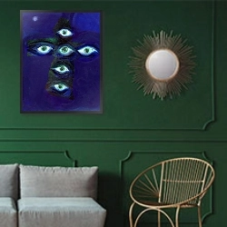 «They have eyes and shall not see, 2015,» в интерьере классической гостиной с зеленой стеной над диваном