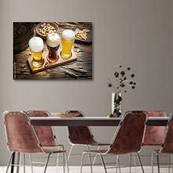«Три бокала пива разных сортов и арахис» в интерьере столовой с серыми стенами