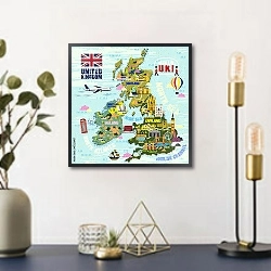 «Великобритания, карта с достопримечательностями 2» в интерьере в стиле ретро над столом