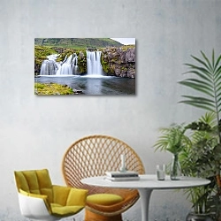 «Исландия. Waterfall at Kirkjufell mountain» в интерьере современной гостиной с желтым креслом