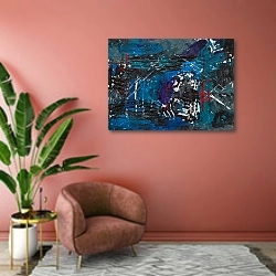 «Синяя абстракция с красными царапинами» в интерьере современной гостиной в розовых тонах