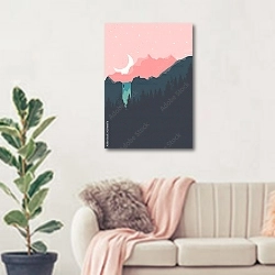 «Пейзаж с водопадом, луной и горами» в интерьере современной светлой гостиной над диваном