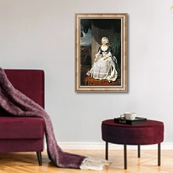 «Queen Charlotte, 1789-90, wife of George III» в интерьере гостиной в бордовых тонах