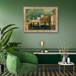 «Urban landscape, detail of The Tempest» в интерьере гостиной в зеленых тонах