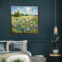 «Irises and summer wind» в интерьере классической спальни с темными стенами