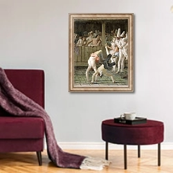«Pulcinella with Acrobats, c.1793» в интерьере гостиной в бордовых тонах