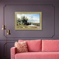 «Пейзаж. 1861» в интерьере гостиной с розовым диваном