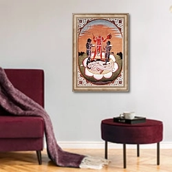«Icon of Chinnamasta, the Mahavidya arising from the joined bodies» в интерьере гостиной в бордовых тонах