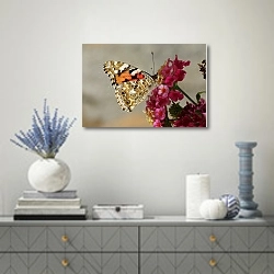 «Пестрая бабочка на розовом цветке» в интерьере современной гостиной с голубыми деталями