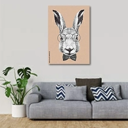 «Портрет кролика с очками и галстуком-бабочкой» в интерьере гостиной в скандинавском стиле с серым диваном