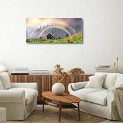 «Радуга над горным домиком 2» в интерьере современной светлой гостиной над комодом
