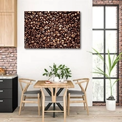 «Кофейные зерна» в интерьере кухни с кирпичными стенами над столом