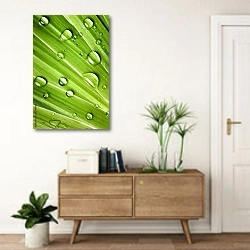 «Зелёный лист с каплями воды 11» в интерьере современной прихожей над тумбой