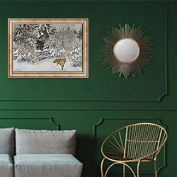 «Fox in Winter Landscape, 1938» в интерьере классической гостиной с зеленой стеной над диваном