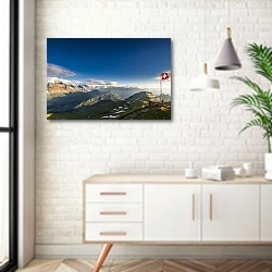 «Швейцария. Рассвет на горе Фаульхорн» в интерьере комнаты в скандинавском стиле над тумбой