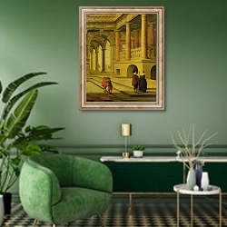 «Palace Courtyard» в интерьере гостиной в зеленых тонах