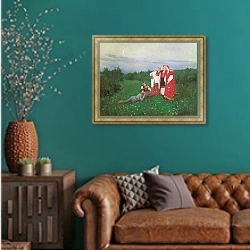 «Северная идиллия. 1886 3» в интерьере гостиной с зеленой стеной над диваном