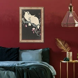 «Two cockatoo and plum blossom» в интерьере спальни с акцентной стеной