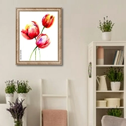 «Акварель. Красные тюльпаны» в интерьере комнаты в стиле прованс с цветами лаванды