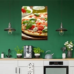 «Пицца капрезе» в интерьере кухни с зелеными стенами