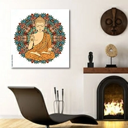 «Будда 3» в интерьере гостиной в этническом стиле над камином