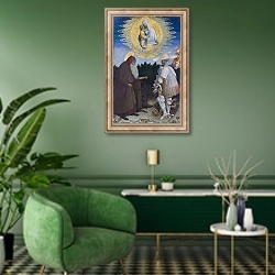 «Дева Мария с младенцем и Святыми 4» в интерьере гостиной в зеленых тонах