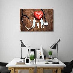 «Красное сердце и стетоскоп на столе» в интерьере современного офиса над столами работников