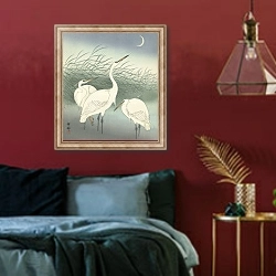 «Herons in shallow water» в интерьере спальни с акцентной стеной