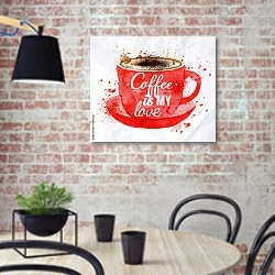 «Красная чашка кофе со взбитыми сливками» в интерьере современной кухни с кирпичной стеной