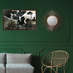 «A cat attacking a bird» в интерьере классической гостиной с зеленой стеной над диваном