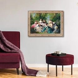 «Empress Eugenie Surrounded by her Ladies-in-Waiting, 1855» в интерьере гостиной в бордовых тонах