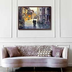 «Пара людей, идущих в городе.» в интерьере гостиной в классическом стиле над диваном