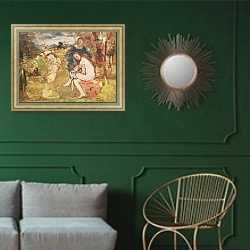 «Study for 'The Surprised Nymph', 1860» в интерьере классической гостиной с зеленой стеной над диваном