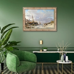 «Port en Bretagne, 1861» в интерьере гостиной в зеленых тонах