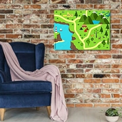 «Детская карта путешествия» в интерьере в стиле лофт с кирпичной стеной и синим креслом