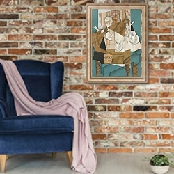 «Breakfast» в интерьере в стиле лофт с кирпичной стеной и синим креслом