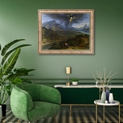 «Горный пейзаж с молнией» в интерьере гостиной в зеленых тонах