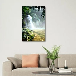 «Водопад в тропическом лесу» в интерьере современной светлой гостиной над диваном