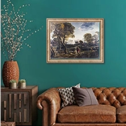 «Веречний вид рядом с деревней» в интерьере гостиной с зеленой стеной над диваном