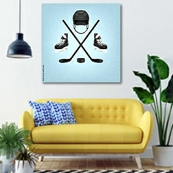 «Аксессуары для хоккея» в интерьере современной гостиной с желтым диваном