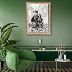 «Ship, engraved by Hieronymus Cock» в интерьере гостиной в зеленых тонах