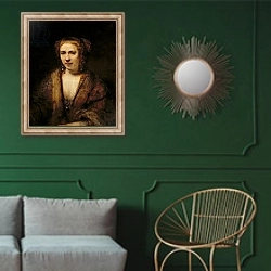 «Portrait of Hendrikje Stoffels» в интерьере классической гостиной с зеленой стеной над диваном