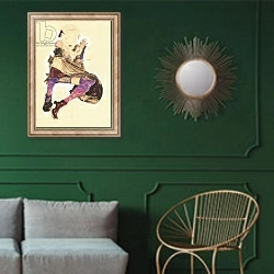 «Seated Girl with Striped Stockings; Sitzendes Madchen mit Gestreiften Strumpfen, 1910» в интерьере классической гостиной с зеленой стеной над диваном
