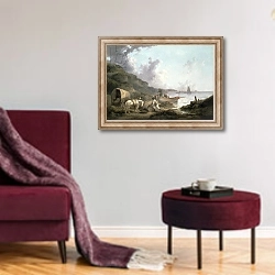 «The Smugglers, 1792» в интерьере гостиной в бордовых тонах