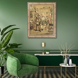 «The Barber, c.1760-69» в интерьере гостиной в зеленых тонах