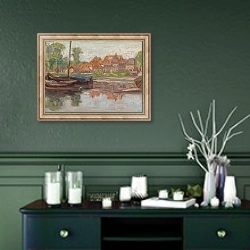 «Boating scene, possibly in Holland» в интерьере прихожей в зеленых тонах над комодом