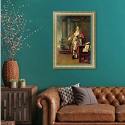 «Портрет Прокофия Акинфиевича Демидова. 1773» в интерьере гостиной с зеленой стеной над диваном