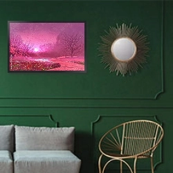 «Фантастический пейзаж с розовым листопадом» в интерьере классической гостиной с зеленой стеной над диваном