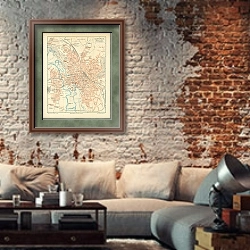 «Карта Ганновера, конец 19 в. 1» в интерьере гостиной в стиле лофт с кирпичной стеной
